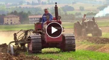 Old tracked & hot bulb tractors plowing - 